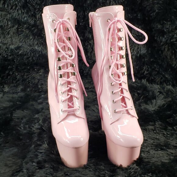 Baby Pink Patent Platform 7" Heel Ankle Boots - Picture 5 of 16